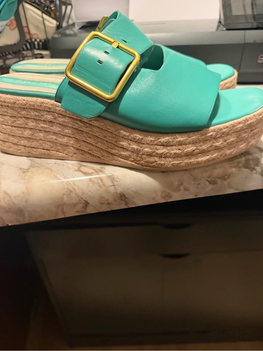 Franco Sarto Turquoise Espadrille Slide Sandals with Gold Buckle